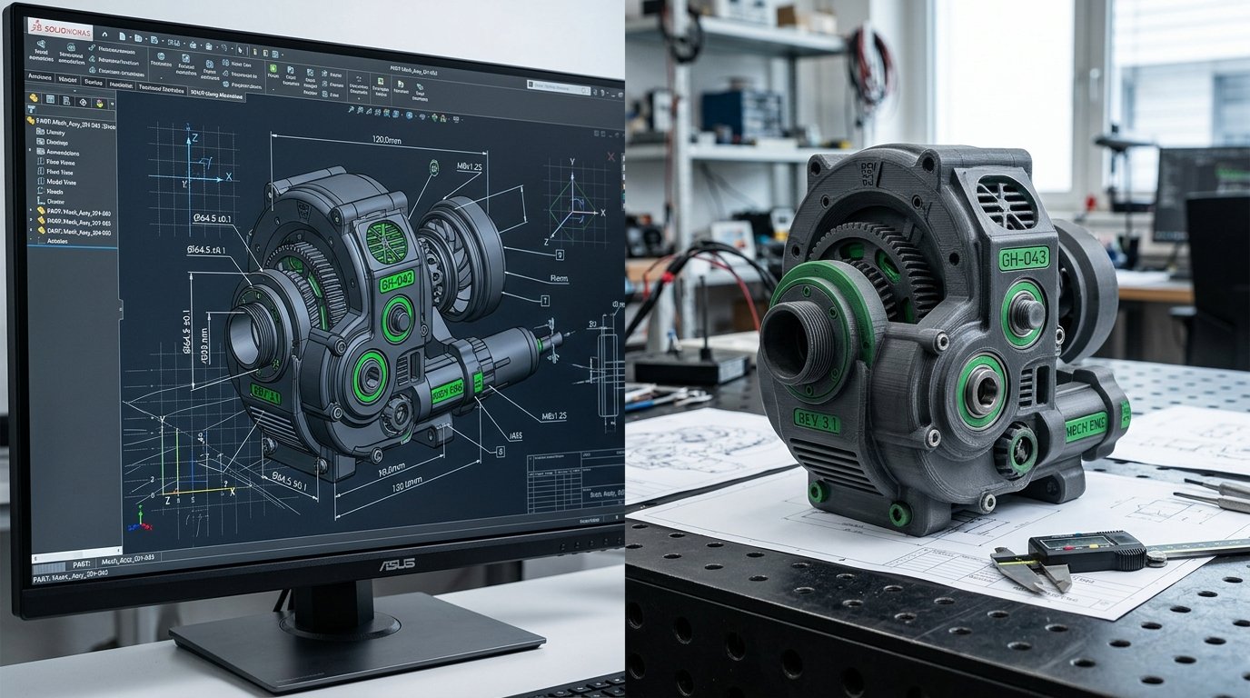 Componente mecânico industrial impresso em 3D e renderização em software CAD tridimensional